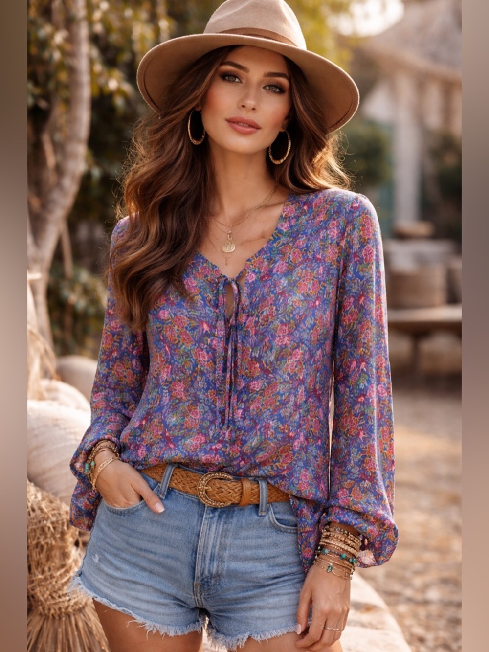 Rose + Olive boho pastel flowers top with ballon sleeves Sz M